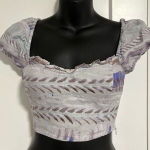 Aritzia Wilfred Linen Crop‎ Smocked Purple Puff-sleeve Top Women's Size XXS